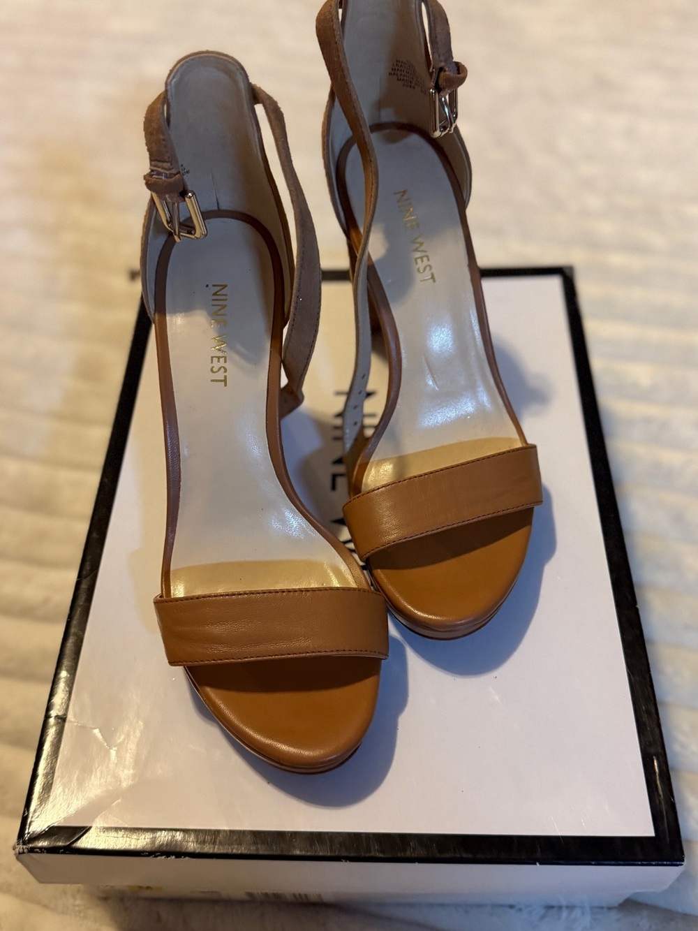 Nine West Brown Leather Open-Toe Ankle Strap Heels